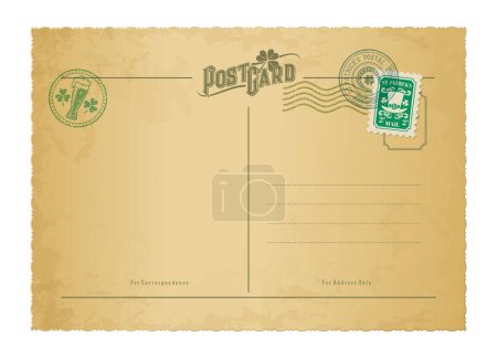 Téléchargez les illustrations : Carte postale antique Saint Patrick, timbres postaux rétro et courrier vintage, fond vectoriel. Carte postale de fête irlandaise St Patrick avec trèfle porte-bonheur pour l'Irlande carte postale de voeux de vacances - en licence libre de droit