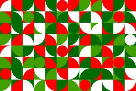 Ilustración de Patrón geométrico abstracto moderno de Navidad. Azulejos rojos, verdes y blancos. Cuadrados vectoriales con círculos y elementos redondeados. Fondo con formas de colores. Motivo de moda para la celebración de Navidad o Año Nuevo - Imagen libre de derechos