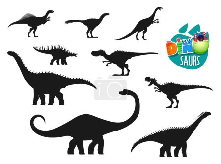 Illustration for Dinosaur, extinct prehistoric animals silhouettes. Jurassic era dinosaur or reptile. Datousaurus, Hypselosaurus, Kentrosaurus and Dubreuillosaurus, Monolophosaurus, Wannanosaurus vector silhouettes - Royalty Free Image