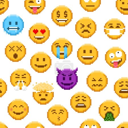 Ilustración de Pixel emoji sin costuras fondo del patrón, vector 8 bits emoticono y expresiones faciales. Emoji divertido o lindo kawaii sonríe con risa o emoción de amor, diablo y sonrisa enojada o loca en patrón de píxeles - Imagen libre de derechos