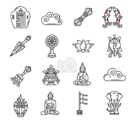 Illustration for Buddhism religion icons, Buddha symbols and buddhist dharma wheel, vector. Tibet or esoteric religious buddhism lotus and Buddha mudra sign of Zen meditation, endless knot and elephant symbols - Royalty Free Image
