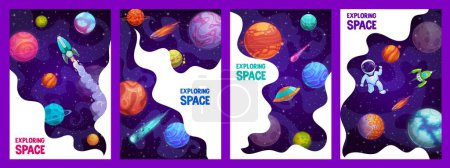 Illustration for Cartoon space posters, rocket, astronaut in spaceship, space planets and stars, vector galaxy backgrounds. Outer space landscape with spacecraft shuttle, spaceman and alien planets in starry sky - Royalty Free Image