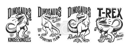 Ilustración de Tyrannosaurus rex, estampado de camiseta de dinosaurio t-rex, tatuaje. Deporte club dino mascota vector plantilla con personajes de dibujos animados de animales jurásicos. Roaring tyrannosaurus rex dinosaurios personajes, monstruos extintos - Imagen libre de derechos