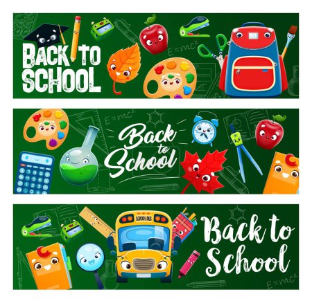 Illustration for Back to school education banners with cartoon stationery characters. Vector funny book, school bag, pencil and compasses, cute bus, apple, magnifier and paint personages on blackboard background - Royalty Free Image