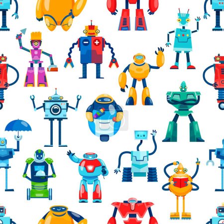 Téléchargez les illustrations : Personnages de robot de bande dessinée motif sans couture de jouets androïdes, fond vectoriel. Robots drôles d'enfants, droïdes robotiques et machines de transformateur, robot spatial mignon et monstres cyborgs étrangers en arrière-plan de modèle - en licence libre de droit