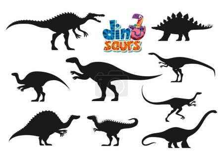 Illustration for Cartoon dinosaurs funny characters silhouettes. Suchomimus, Dravidosaurus, Probactrosaurus and Hypacrosaurus, Elaphrosaurus, Ouranosaurus and Alectrosaurus dinosaur personages vector silhouettes - Royalty Free Image