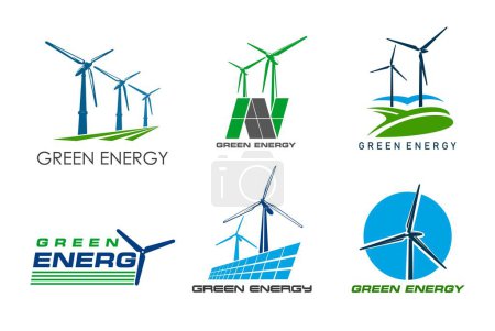 Ilustración de Iconos de turbina eólica, energía limpia verde y generadores de energía, molino de viento eléctrico vectorial. Iconos de la tecnología de generación de energía sostenible de turbinas eólicas y paneles solares para la generación de energía ecológica - Imagen libre de derechos