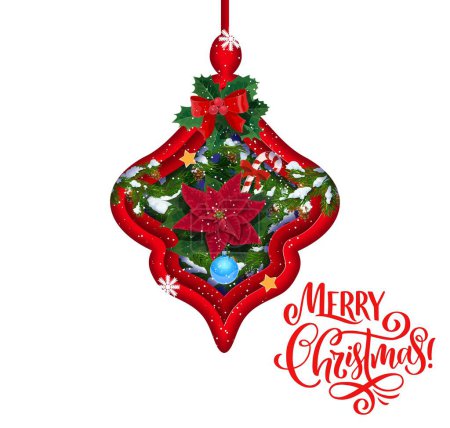 Illustration for Christmas paper cut card with poinsettia and bauble decorations. Vector double exposition 3d effect frame in shape of Xmas toy with red flower and green pine tree branches, snow, candy cane and star - Royalty Free Image