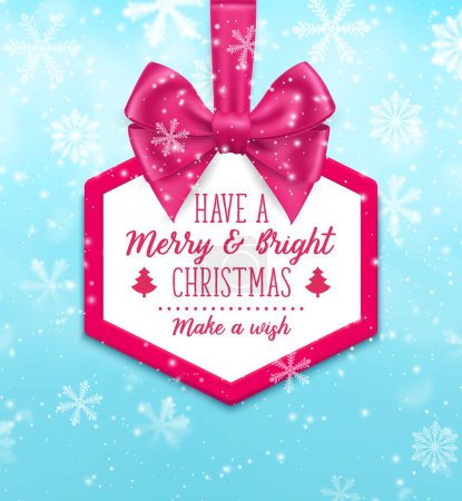 Téléchargez les illustrations : Cadre de Noël avec arc rose. Bordure hexagonale vectorielle avec ruban brillant et vœux festifs. Balise suspendue sur fond bleu avec des flocons de neige tombant. Badge de vacances avec voeux saisonniers et accueil chaleureux - en licence libre de droit