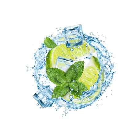 Illustration for Realistic mojito, mint leaves, ice cubes and lime with splash. 3d vector refreshing twist of citrus fruits, drops, spearmint foliage and frozen blocks. Liquid beverage circular flow, cocktail or tea - Royalty Free Image
