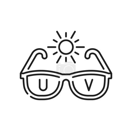 Téléchargez les illustrations : Icône ligne de lunettes de soleil. Des lunettes de soleil. Lunettes de protection UV symbole. Vecteur UV crème solaire, rayonnement et lunettes de soleil ultraviolettes accessoire - en licence libre de droit