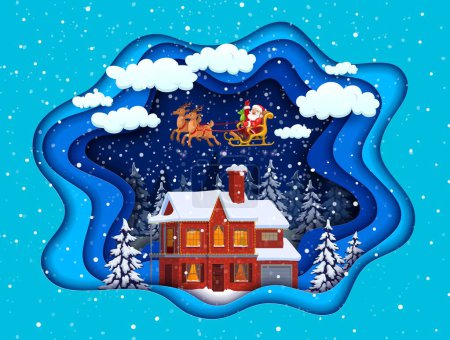 Ilustración de Banner de corte de papel navideño con nieve cayendo y trineo de Santa en el cielo. Vector 3d papel cortado en capas marco de doble exposición con divertido Padre Noel paseos ciervos trineo sobre casa de campo con techo cubierto de nieve en la víspera - Imagen libre de derechos