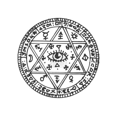 Téléchargez les illustrations : Pentagramme avec œil magique, étoile satanique et symbole aztèque sacré. Alchimie vectorielle, sorcellerie et maçonnerie, amulette mystique, croquis du cercle de méditation - en licence libre de droit