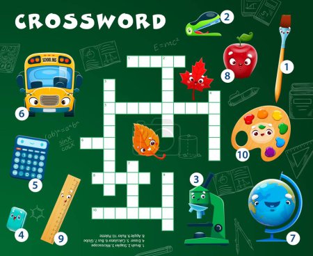 Illustration for Crossword quiz game. School education stationery cartoon characters word grid puzzle worksheet. Vector cute school bus, microscope, calculator and ruler, apple, brush and globe personages kids game - Royalty Free Image
