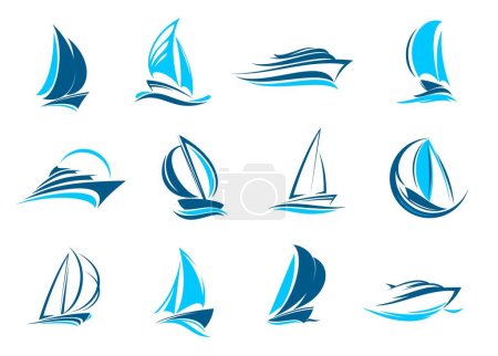 Illustration for Yacht boat, sailing icon. Yachting sport club, vacation marine tour or sea travel agency simple vector emblem. Ship transportation service minimalistic icon or symbol with cruise ships, sail vessels - Royalty Free Image