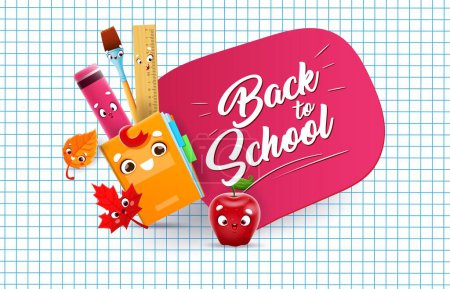 Illustration for School education cartoon characters, vector back to school poster. Cute book, ruler, brush, apple, highlighter marker and leaf personages with funny faces on squared notebook paper background - Royalty Free Image