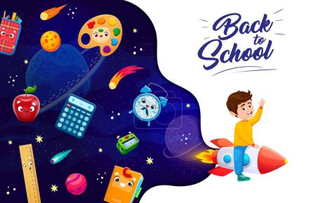 Illustration for Cartoon kid boy on space rocket in starry galaxy with school supply characters, vector background. Back to school poster with kid spaceman in outer space with school book, ruler, eraser and calculator - Royalty Free Image