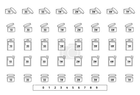 Illustration for PAO period after opening vector symbols. Shelf life of cosmetic or food products, best before marks set with expiration dates from 1 day to month. Product packages, opened lids and packs signs, PAO - Royalty Free Image