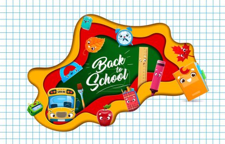Illustration for School paper cut banner with cartoon characters of book, ruler, eraser and sharpener, alarm clock, apple and highlighter marker. Vector double exposition stationery personages in 3d papercut frame - Royalty Free Image