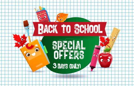 Illustration for Back to school special offer banner. Education cartoon characters of cute student stationeries. Back to school sale vector poster with funny book, notebook, ruler, brush and pencil case personages - Royalty Free Image