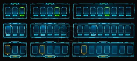 Illustration for Hud game frame, interface panel borders and avatar neon display. Vector futuristic glowing ski-fi borders set. Space technology isolated tech portals, ui elements for virtual reality, gamer dashboard - Royalty Free Image