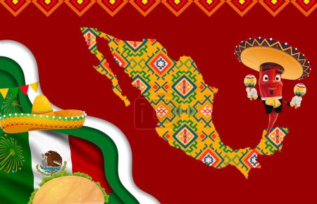 Ilustración de Bandera del Día de la Independencia de México con bandera mexicana, mapa y carácter pimienta, ondas de corte de papel vectorial. Fiesta nacional mexicana con chile en sombrero con maracas y taco en papel cortado - Imagen libre de derechos