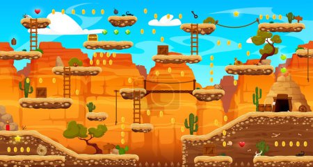 Ilustración de Mapa de nivel de juego arcade con plataformas de juego Wild West o Western, cañones, rocas y montañas, activos vectoriales. Dibujos animados, paisaje de fondo con recompensas de moneda y bono estrella para saltar y saltar recoger - Imagen libre de derechos