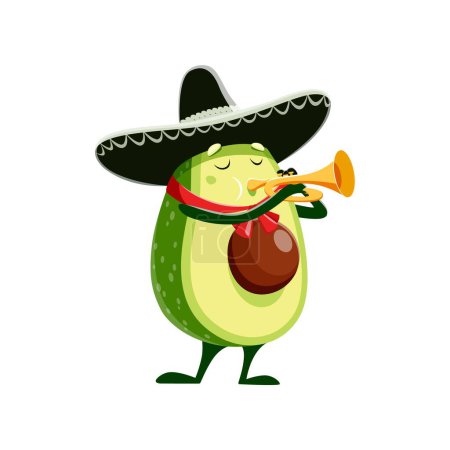 Illustration for Cartoon kawaii Mexican avocado character in sombrero with trumpet, vector kids personage. Funny cute avocado playing mariachi music for Mexico holiday or fiesta party, cheerful avocado character - Royalty Free Image