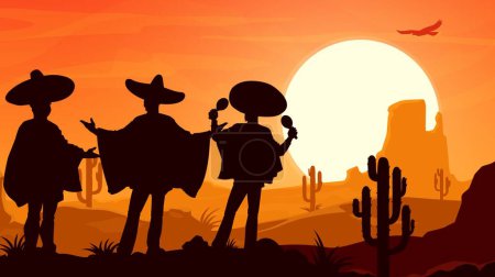 Illustration for Mexican mariachi musicians silhouettes at desert sunset landscape. Cinco de mayo holiday, celebration vector scene with latino men trio wear poncho and sombrero play maracas music in the dusk desert - Royalty Free Image