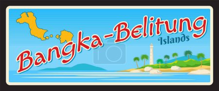 Ilustración de Bangka-Belitung Indonesia placa de viaje provincia, etiqueta de destino turístico. Asia viaje postal, Indonesia provincia viaje vector vintage estaño signo, costa paisaje y territorio mapa - Imagen libre de derechos