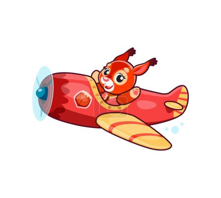 Illustration for Cartoon cute squirrel animal character on plane. Animal kid airplane pilot bringing joy and excitement, ready to embark on exciting adventure in the sky. Isolated vector personage on vintage aeroplane - Royalty Free Image