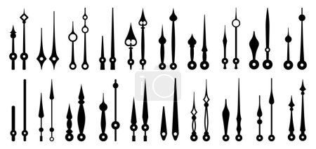 Illustration for Isolated clock hands, time pointers, watch arrows. Vector monochrome elements set, essential components of analog clock in various shapes and sizes. Hour and minute hand pairs for accurate timekeeping - Royalty Free Image