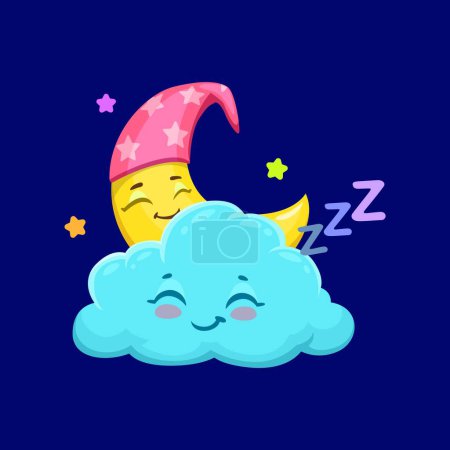 Illustration for Cartoon cute cloud and crescent weather characters peacefully sleeping in the sky, Adorable vector eddy and moon sleepily resting, creating a serene and dreamy atmosphere for the night forecast - Royalty Free Image
