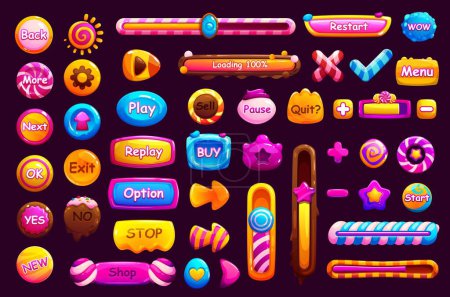 Illustration for Game candy interface buttons and window, frame and loading bar, slider, menu options panel ui and gui elements. Isolated vector 2d user menu design elements set. Glossy lollipops, toffee and bonbons - Royalty Free Image
