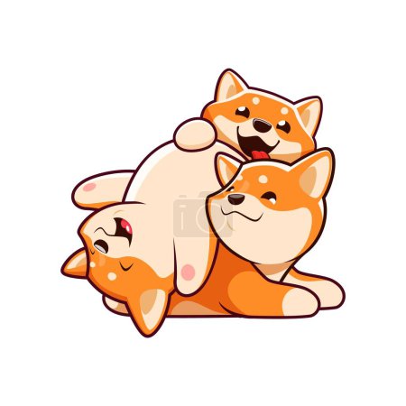 Illustration for Cartoon kawaii Shiba Inu dog playful puppies characters. Comical Shiba Inu dogs personages, adorable Japanese puppies playing and fooling around together vector characters. Funny animal pet mascots - Royalty Free Image