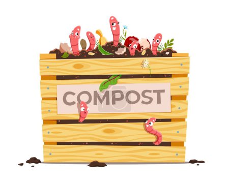 Kompost-Holzkiste mit lustigen Cartoon-Regenwürmern, Abfall und Erde. Vermikompostierung, Humuskompostierung, umweltfreundliches Verfahren. Vereinzelte Vektorregenwürmer ragen in Kiste aus Biomüll-Haufen