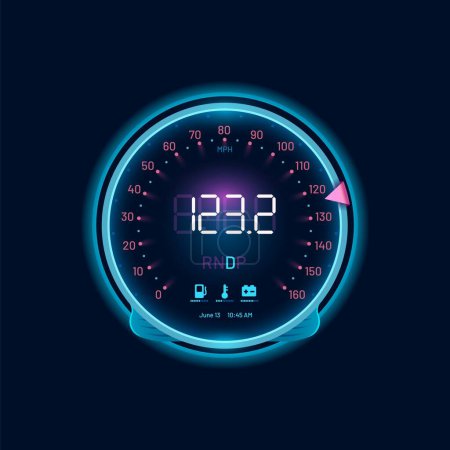 Illustration for Car speedometer neon dial, speed gauge dashboard or counter interface, vector digital indicator. Car speed meter or speedometer tachometer with arrow, odometer with fuel, mph and engine gear LED panel - Royalty Free Image
