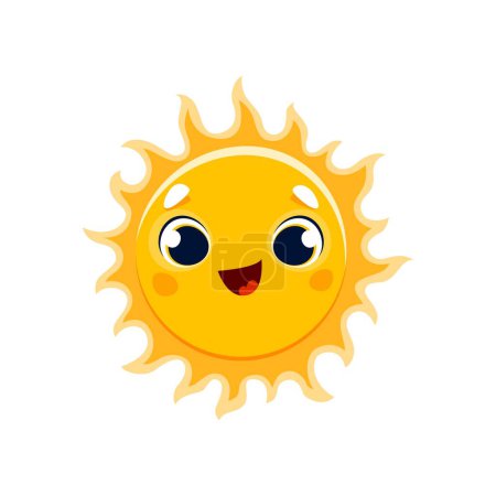 Téléchargez les illustrations : Dessin animé heureux caractère soleil, vecteur isolé drôle émoticône positif. Kawaii souriant personnage solaire avec mignon visage ludique. Climat et météo, lumière du soleil, élément de soleil pour la conception des enfants - en licence libre de droit