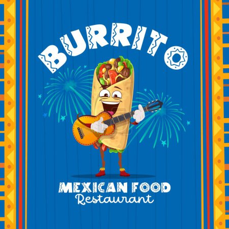 Illustration for Cartoon appetizing mexican burrito mariachi musician character with guitar and fireworks. Vector restaurant promo banner with funny tex mex food personage playing traditional holiday rhythms of Mexico - Royalty Free Image