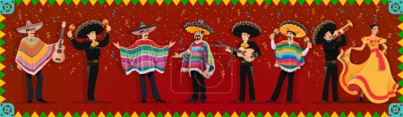 Téléchargez les illustrations : Personnages mexicains de dessins animés sur le carnaval de vacances, musiciens mariachis, cow-boys et danseuses, personnages vectoriels. Personnages mexicains en vêtements traditionnels, sombrero et poncho avec guitares et maracas - en licence libre de droit