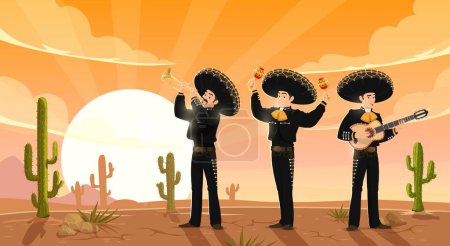 Illustration for Sunset landscape, three Mexican mariachi musicians in desert of Mexico, vector background. Mexican music band men in sombreros with guitar, maracas and trumpet playing mariachi music of Mexican fiesta - Royalty Free Image