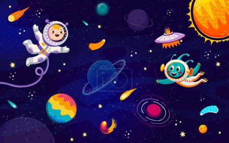 Téléchargez les illustrations : Enfant astronaute et extraterrestre dans l'espace. Paysage de galaxies étoilées arrière-plan vectoriel avec planètes spatiales, vaisseau spatial ovni, comètes, nébuleuses et étoiles, astronaute drôle et personnages martiens - en licence libre de droit