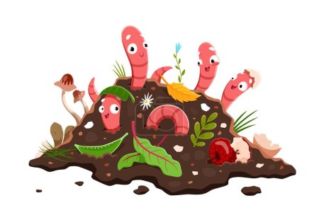 Ilustración de Dibujos animados divertidos gusanos de tierra en compost, humus del suelo. Vermicompostaje. Gusanos de tierra vectoriales aislados que ayudan a descomponer la materia orgánica. Criaturas de plagas invertebradas sobresalen de la pila con restos de desechos - Imagen libre de derechos