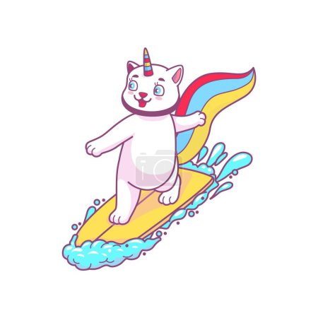Téléchargez les illustrations : Surfer mignon chat dessin animé caticorn sur planche de surf, surfer chaton personnage. Chat de conte de fées animé vectoriel avec maïs, adorable animal de fantaisie - en licence libre de droit