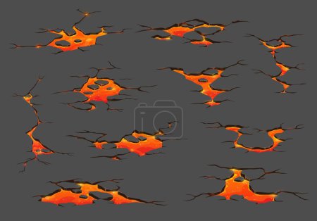 Téléchargez les illustrations : Lave volcan, fissures magmatiques. Ensemble de vecteurs de dessins animés de fissures sismiques, texture de destruction des terres vue de dessus. coulées de lave fondue, rivières ardentes créant phénomène naturel destructeur dramatique - en licence libre de droit