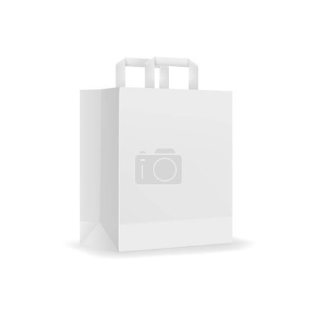 Illustration for Paper shopping bag with handles vector mockup. Shopping bag, boutique purchase product package or retail white paper packet realistic vector mockup. Store cardboard paperbag 3d design template - Royalty Free Image