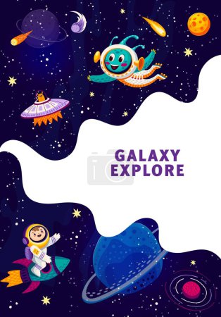 Illustration for Space poster, landing page or flyer with galaxy planets and stars, kid astronaut and alien UFO, vector website template background. Outer space or cartoon galaxy and kid spaceman on spaceship rocket - Royalty Free Image