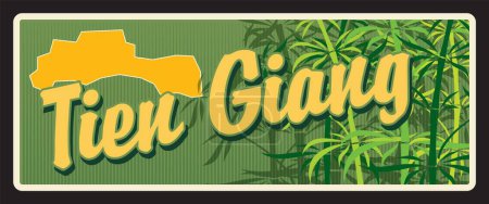 Illustration for Tien Giang vietnamese province retro travel plate, Vietnam region retro plaque tourist destination and sticker. Asian journey tin sign, Vietnam province tourism vector card with jungle leaves - Royalty Free Image