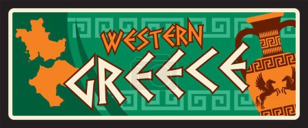 Illustration for Western Greece greek region travel sticker and vintage plaque. Greece region retro travel tin sign, vector metal card with typography, ancient column and map, vase and ornament - Royalty Free Image