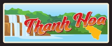 Illustration for Thanh Hoa vietnamese province retro travel plate, asian region retro plaque and travel sticker. Asian journey tin sign, Vietnam province tourism vector card with jungle Hieu waterfall - Royalty Free Image
